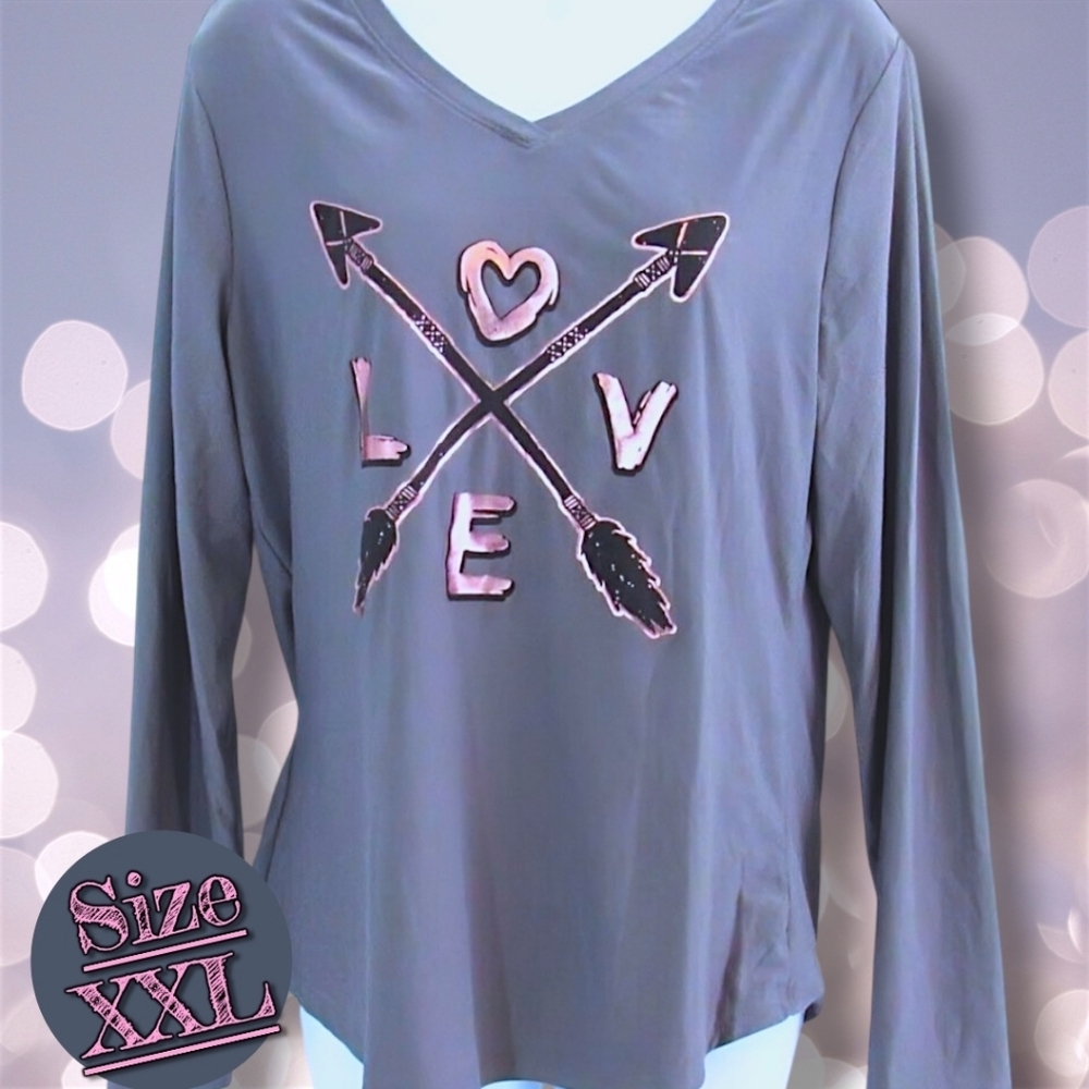 No Boundaries Gray V-Neck w/ Metallic Pink Love Arrows Tee Juniors Size XXL